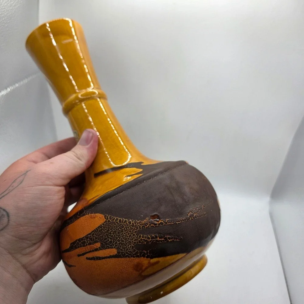 Royal Haeger Mid Century Modern Yellow Brown Drip Glaze Pottery Vase Vintage